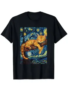 Cat Lover's Dream: 100% Cotton T-Shirt with Van Gogh-Inspired Starry Night Cat Print