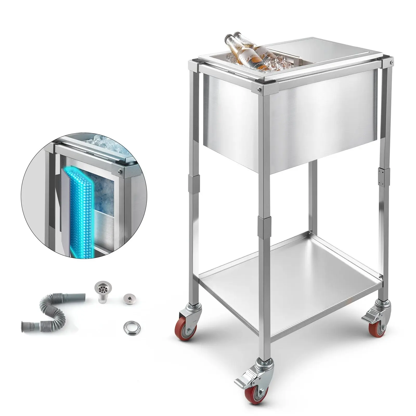 29.6 Qt Rolling Ice Chest Cooler Cart With Heavy-Duty Wheels, Outdoor Stand-Up Ice Bin On Wheels, Portable Beverage Cooler For Camping, Tailgating, Beach, Poolside Parties, Park Picnics, Easy Maneuvering, Durable Lid And Drain