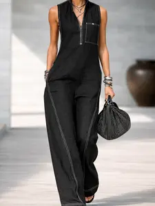 Women Sleeveless Linen Jumpsuit 2026 – Loose Casual V-Neck Wide-Leg Romper, Summer Vacation, Boho, Beach & Lounge Wear