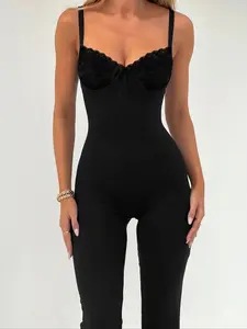 Women's New European Style Fashion Lace Trim Halter Top Waist Cinching Slimming Skinny Jumpsuit One-Piece Long Pants Set