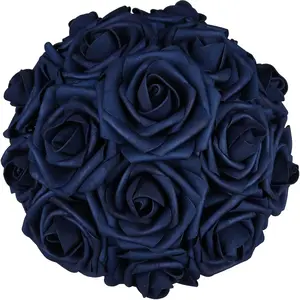 25pcs Artificial Flower,Real Touch Artificial Foam Roses Decoration DIY for Wedding Bridesmaid Bridal Bouquet Centerpieces Party - Navy Blue