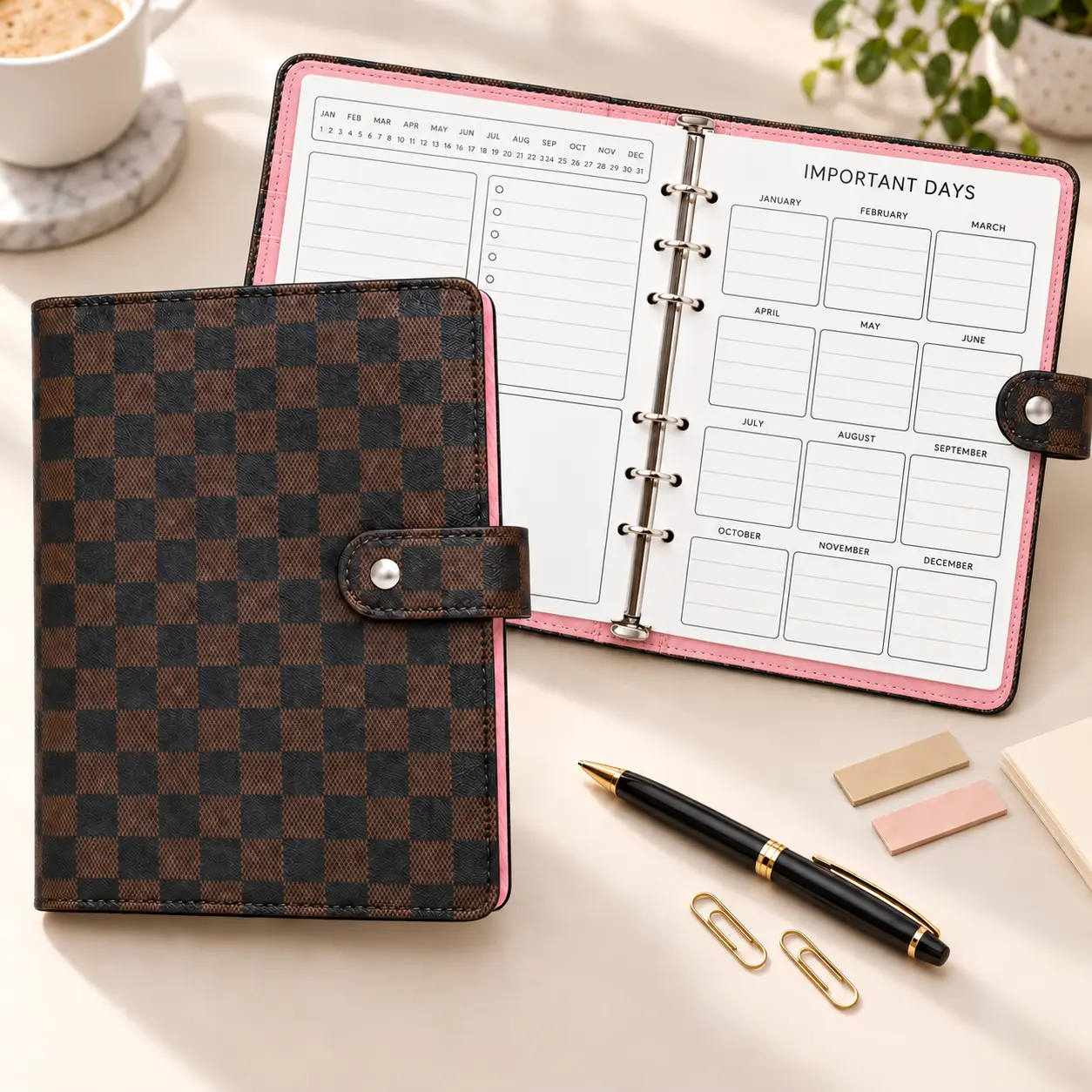 A5 Brown Checkered 6-Ring Planner Binder, Refillable Undated Daily Planner with To-Do List Inserts, Pink Interior and Snap Closure, Loose Leaf Agenda Notebook and Personal Schedule Organizer for Work, School and Office, Gift for Planner Lovers