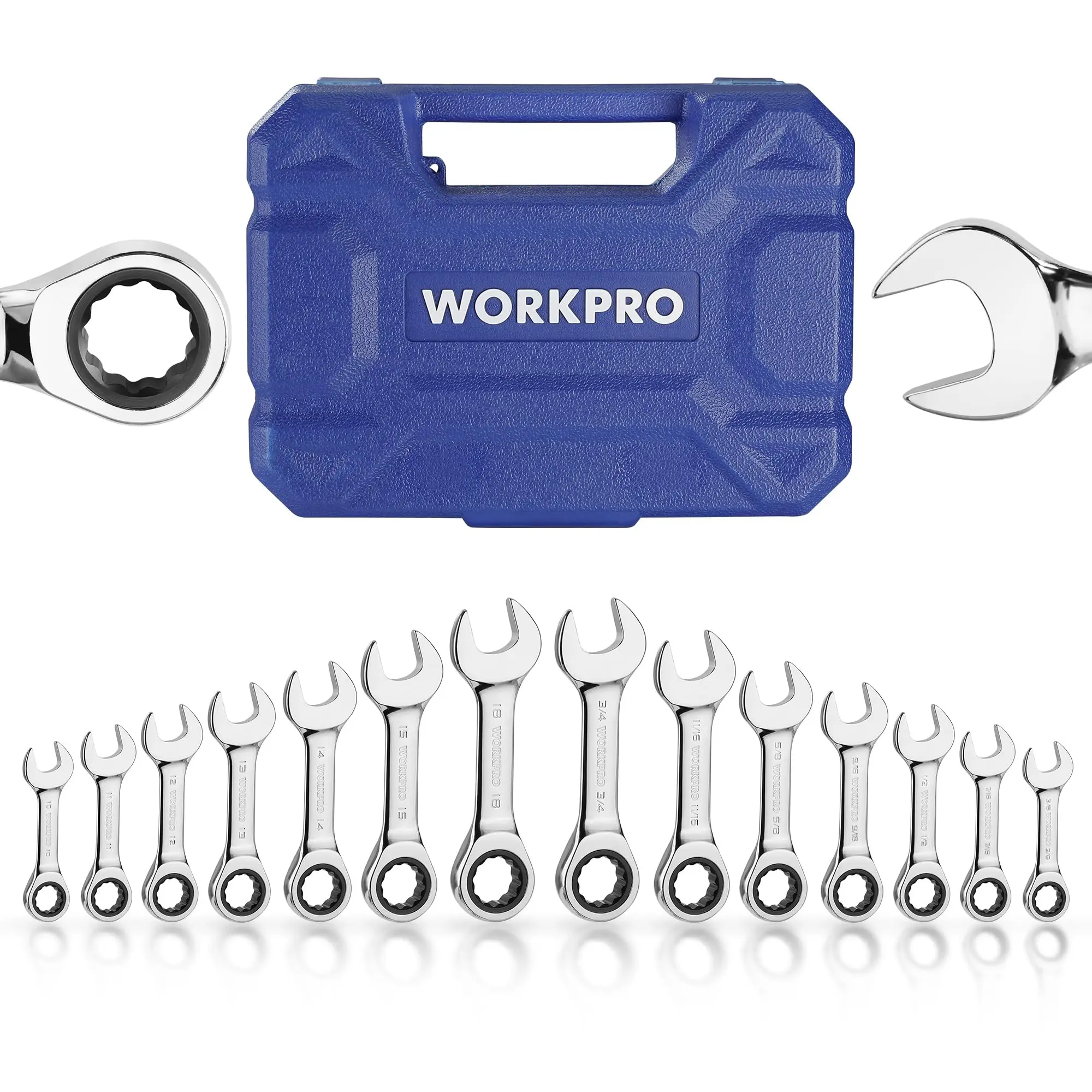 #fathersdaygift WORKPRO 14-Pack Ratcheting Combination Stubby Wrench Set, 72 Teeth, Combo Ratchet Wrenches Set with Organizer Box, SAE 3/8-3/4" & Metric 10-18mm