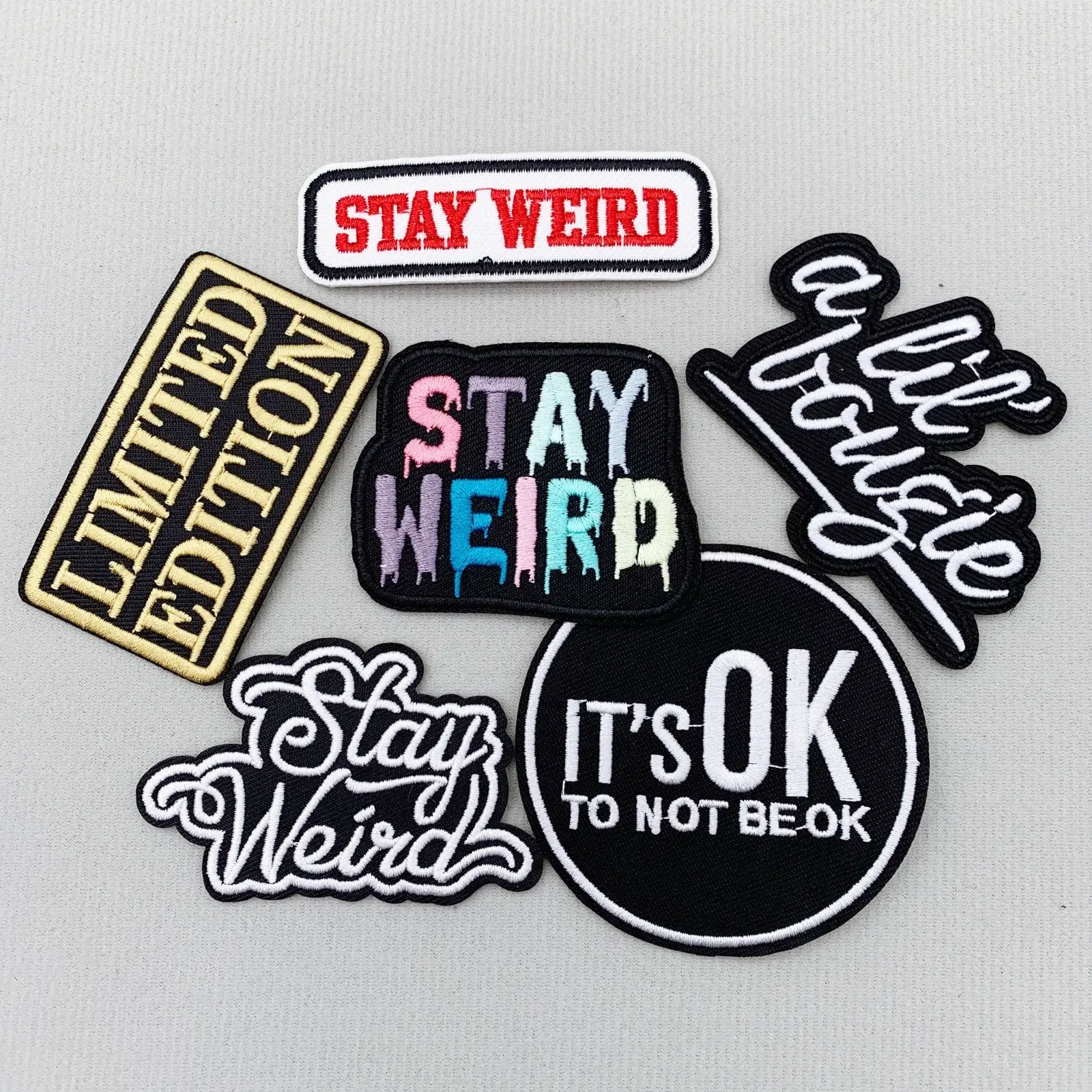 6pcs Letter Embroidered "Stay Weird" Funny Embroidery Patches, Lettered Embroidery for Bag, Hat, T-Shirts and Clothing, For Crafters & DIY Enthusiasts, Iron-On Accessory