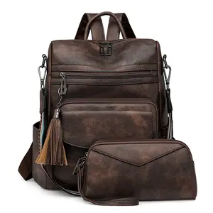 Leather Laptop Backpack for Women 15.6 Inch Work Backpack With Purse for Travel Work