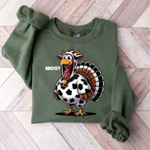 Funny Moo Turkey Thanksgiving Sweatshirt, Cow Print Turkey Pullover, Cute Fall Holiday Sweater, Family Dinner Humor Crewneck, Turkey Day Gift for Her or Him