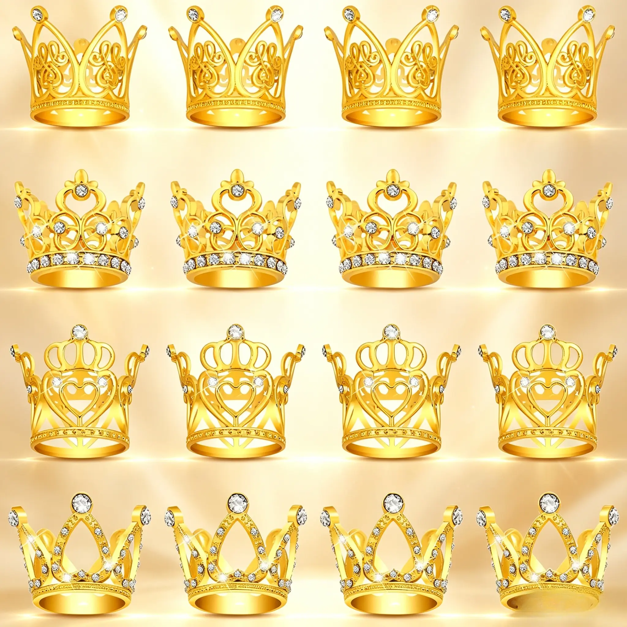 16 Pcs Mini Gold Crowns for Flower Bouquets, 4 Styles – Small Queen Crown Cake Topper for Wedding, Birthday, Bridal Shower, Aesthetic Flower Arrangement Decor