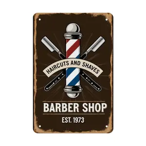 1-Piece 2D Flat Metal Iron Barber Pole Painting with Razors and Text, 11.8x7.9in Home Decor Room Accessories for Bathroom, Bar