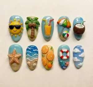 Beach Summer Press On Nails | 3D Palm Tree & Tropical Drink Nail Art | Vacation False Nails for Holiday, Birthday