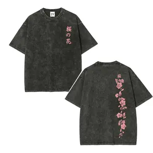 Unisex Sakura Japanese Text Art Pattern Washed Vintage T-Shirt - Wash Cotton Retro Streetwear Aesthetic