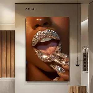2D Flat Glamorous Diamond Lips & Teeth Canvas Wall Art 1pc Luxury Lips Painting With Shiny Nails Indoor Outdoor Modern Decor For Living Room Bedroom Office Valentine's Gift Framed Ready To Hang Lips Wall Decor Home Decoration