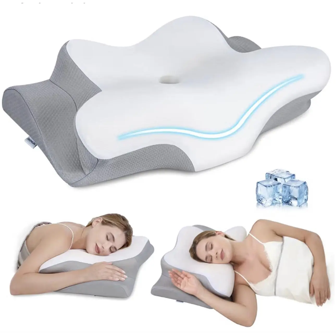 Memory Foam Cervical Neck Pillow for Neck Pain Relief, Shoulder Pain Relief, 2-Heights Ergonomic Design, Breathable Ice Silk Cover, White (for Side Sleepers)