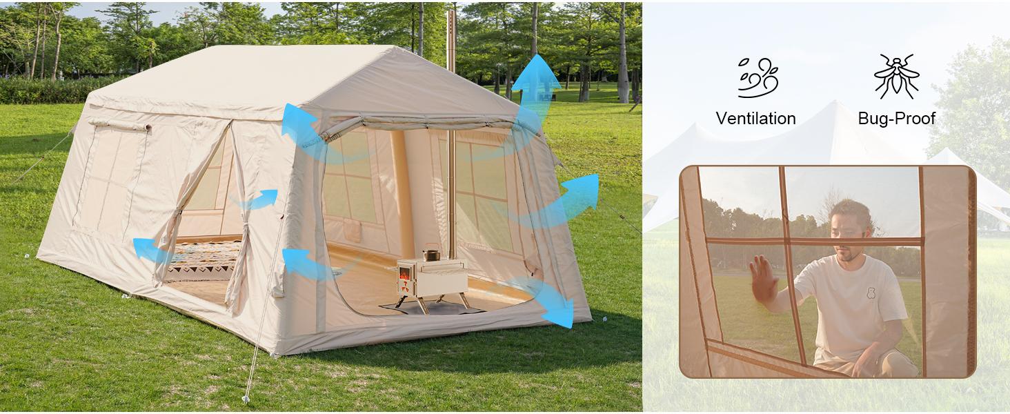 Docred 8/10/12 Inflatable Glamping Tent with Canopy, Hand Pump, Stove Jack, Breathable Waterproof Oxford Fabric, Portable Outdoor Camping Setup, Rainproof Sunproof for Family Travel, Breathable Waterproof Tent, Outdoor Camping Waterproof