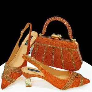 Women’s Orange Heels & Bag Set - Crystal Shoes for Wedding & Party