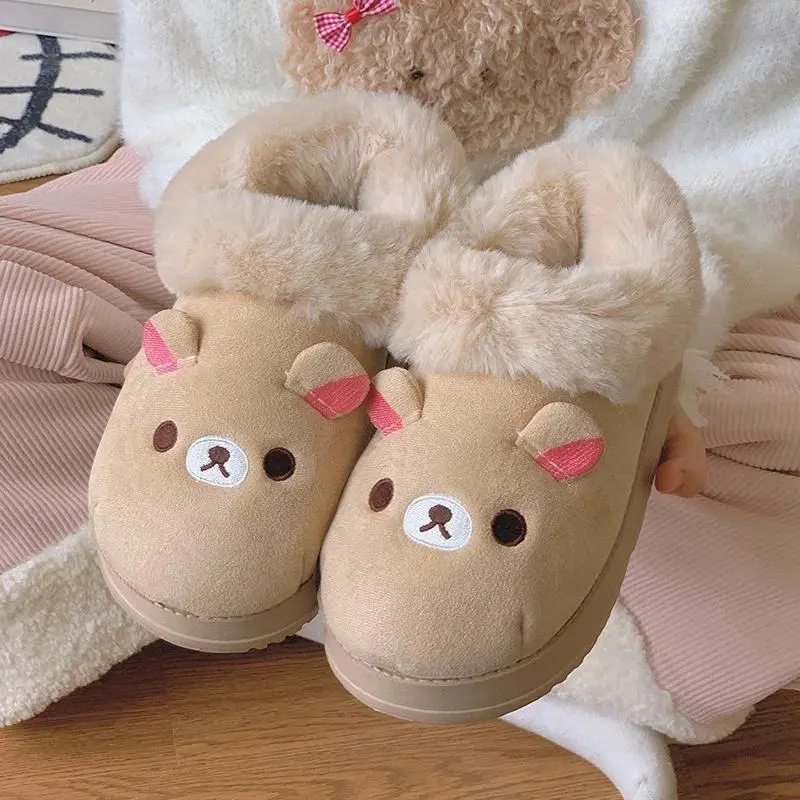 Kawaii Cute Bear Rilakkumas Wearing Cotton Shoes Outside Flat Closed-Toe Mules Cartoon Slippers Home Shoes Winter Couple'S Shoes