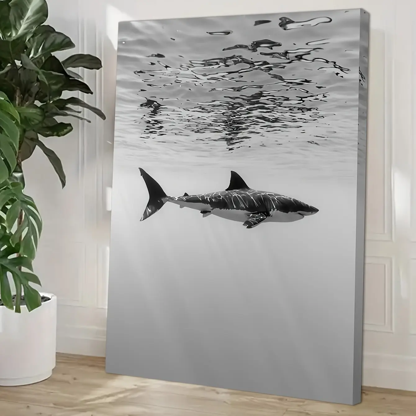 1PC Framed Ocean Shark Premium Wall Art: Black & White Modern HD Image, 11.8*15.7 Inches Canvas Poster Print for Bedroom, Living Room, Study, Corridor Home Decoration