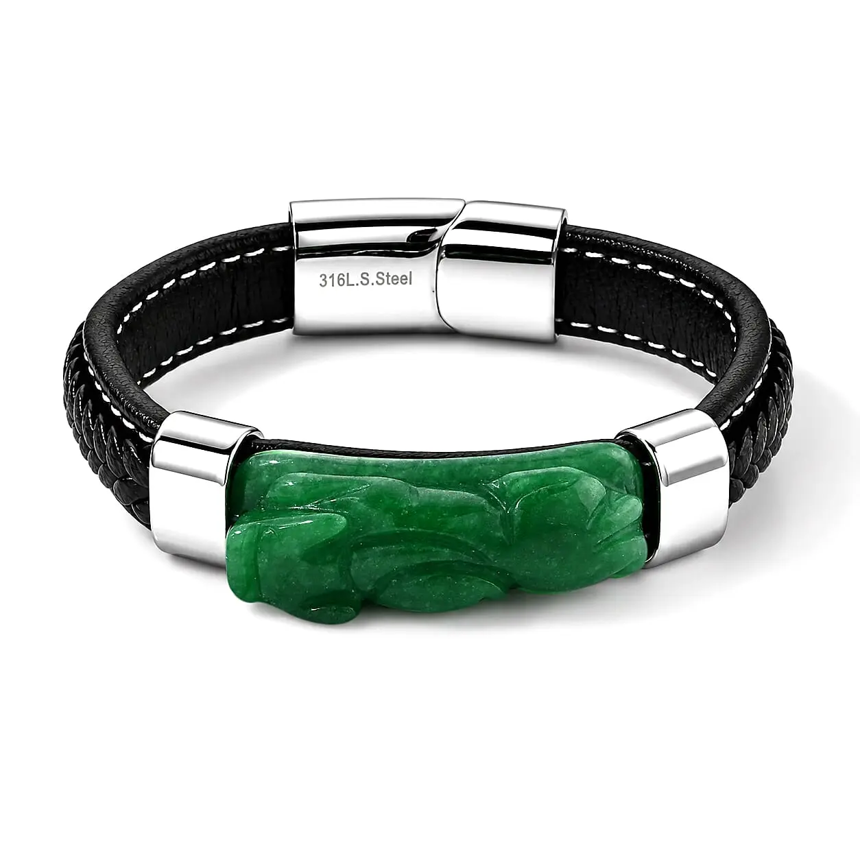 Green Jade Beaded Pixiu Bracelet in Stainless Steel (7.50 In) 90.00 ctw