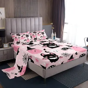 Pink Halloween Bat Decoration Cute Ghost Sheets Set for Child Boys Girls,Kawaii Skull Fitted Sheet,Pink Bed Sheet Set