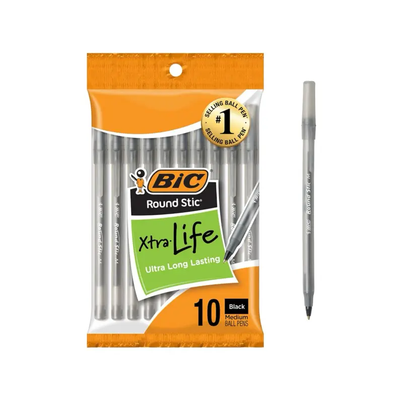 BIC Round Stic Xtra Life Medium Ball Pens, 10-Pack Ballpoint Pens with Black/Blue/Red Long-Lasting Ink, Smooth Writing, Ergonomic Frosted Cap, for Everyday Notes, Office Stationery Supplies, Red Ink Pens & Refills