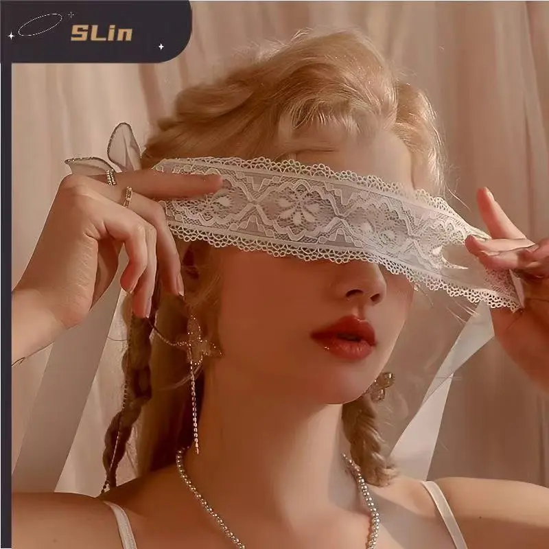 Black and white two-piece set Lace eye mask with see-through embroidery, hollow design, adjustable straps, accessories for women, blindfold, silk scarf, ribbon veil