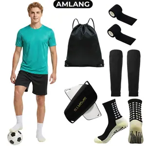 AMLANG Football Grip Socks Set with Shin Guard Sleeves, Anti Slip Soccer Socks Kit with Leg Support Bands Drawstring Bag Sports Gear for Men Women