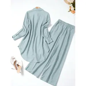Women's casual two-piece set, featuring a hollowed-out top and loose-fitting long pants, in a solid color, comfortable and breathable woven fabric, suitable for everyday wear, fashionable for spring and autumn short women Plus Size Heart Print