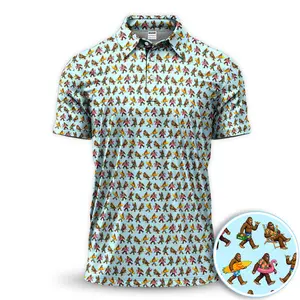 Summer Vacation Bigfoot Beach Golf Polo Shirt for Men – Surfing Sasquatch Pattern Lightweight Breathable Funny Gift