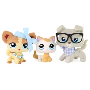 3 Pcs Mini Animal Figurines Set, Chihuahua Puppy with Bow & Beaded Necklace, White Kitten, Gray Dog with Glasses & Plaid Bandana, Collectible Mini Pet Figures with Accessories, Cake Topper & Kids Birthday Gift