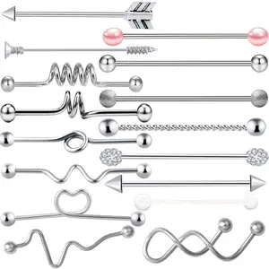 7-16pcs 14G Stainless Steel Industrial  Barbell Earring Cartilage   38mm 1&1/2 Inch Industrial  Bar for Women Men Snake Chain Dangle