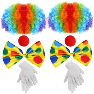 2Pack Clown Costume Set Rainbow Clown Wig Nose Accessories Bow Tie White Gloves for Halloween Parties Carnivals Pretend Play Men Women Adults