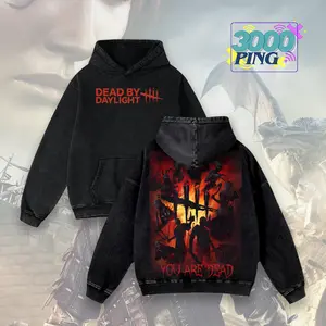 Dead by Daylight Hoodie & T-Shirt Killers Ensemble Graphic, Vintage Acid Wash Apparel, Survival Horror Game Merch, Fiery Entity Pullover, Unisex Cotton Top