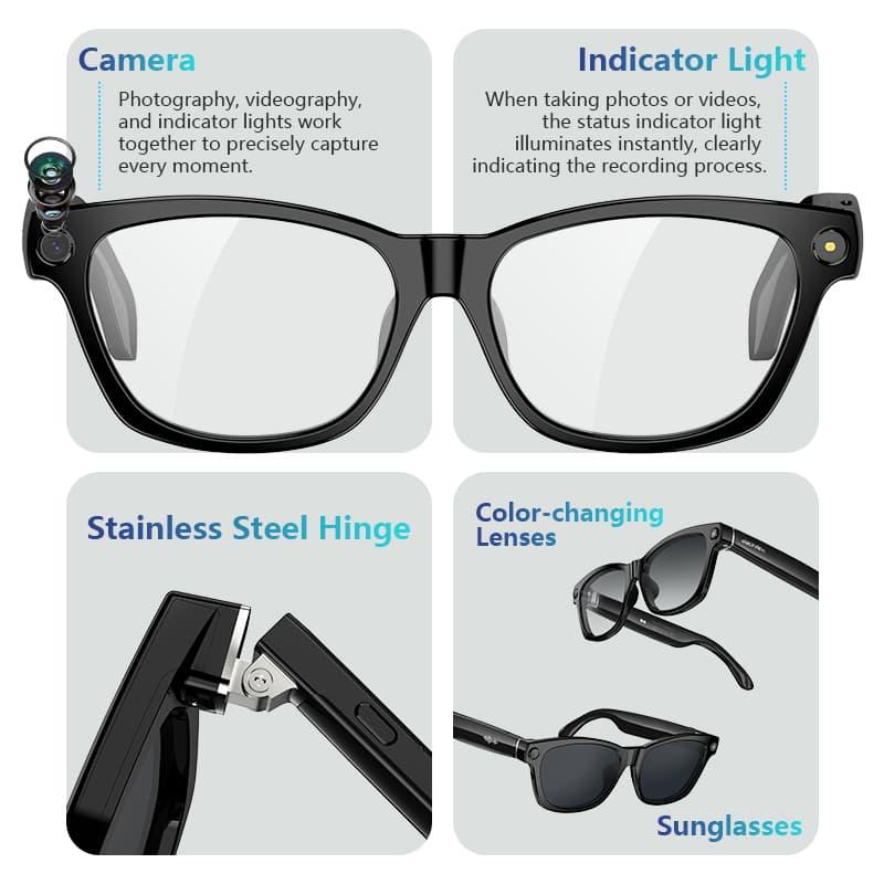 AI Glasses With 4K Camera Video Stabilization Noise-Canceling Mic And ChatGPT For Vlog Water Resistant With Dark Lens