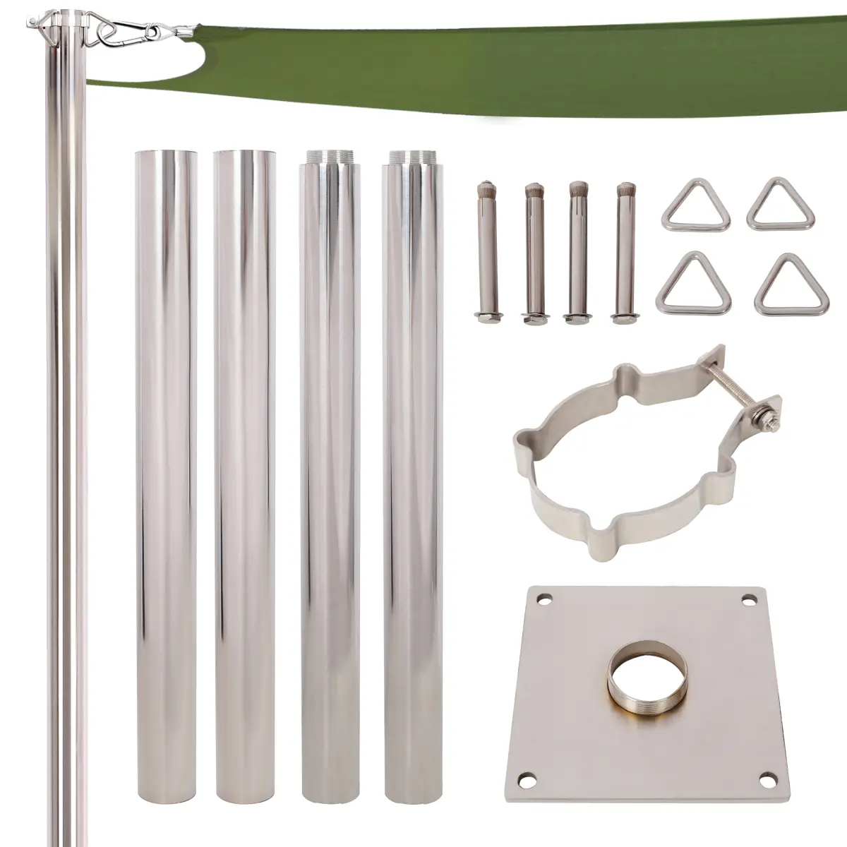 12 FT Heavy Duty Stainless Steel Canopy Pole, Sun Shade Sail Poles Kit with Base Plate & Height Adjustable Mounting Clamp, Easy Installation, Suitable for Garden, Yard, Patio, Playground