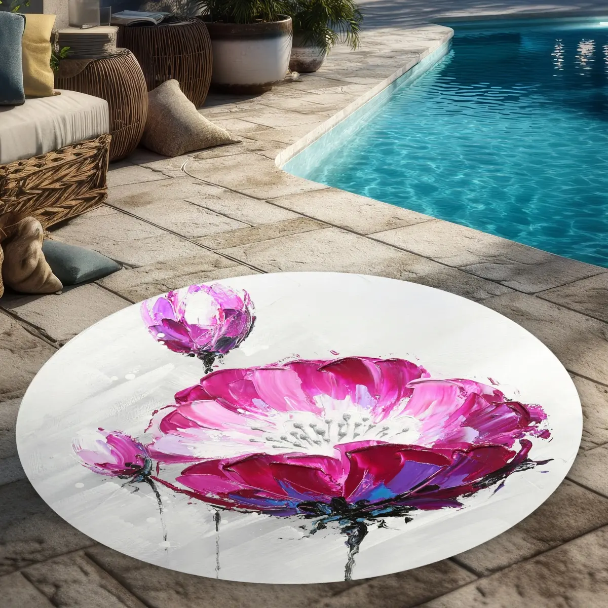 360 stand Weatherproof 5x5 ft. Fuchsia Wild Flower Purple Round Rug, Botanical Look Floral Print Nature Inspired Indoor/Outdoor Area Rug for Home Decor, Home Decorative Rug