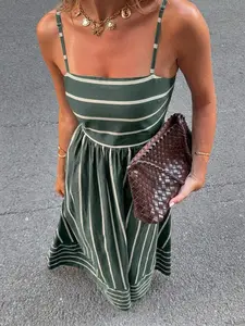 Women's Striped Print Casual Wear Summer Vacation Tank Dress, Colorblock High Waist A-Line Long Skirt, Strap Dress, French Vintage Chic Aesthetic Slim Fit