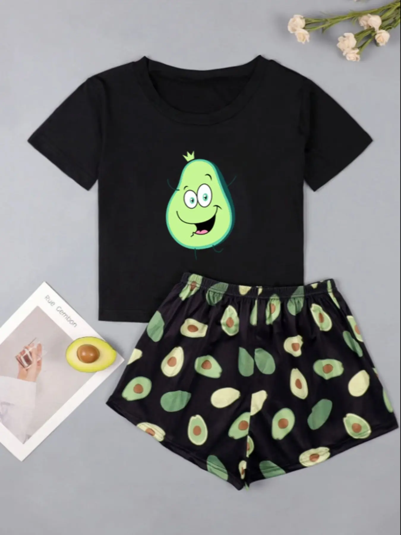 Cartoon & Avocado Print Casual Comfort Home Wear Set, Spring & Fall Fitted Style, Moderate Fabric Thickness, Fruit & Vegetable Pattern