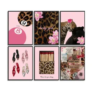 6pcs/set Frameless New Yorker Style Pink Leopard Canvas Print Painting Modern Floral Paintings Vintage Retro Magazine Wall Art for Living Room Bedroom Office Home Decor