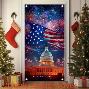 2D Door Flag, 1-Piece Patriotic Independence Day Door Cover - 4th of July Fireworks & American Flag Theme, Durable Polyester, Indoor/Outdoor Porch Decor, 35.4 x 70.8 Inches, Holiday Party Supplies for Home & Garden, Outdoor Decoration