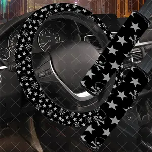 3Pcs/Set Skull & Star Car Interior Set, Car Interior Accessory, Includes Steering Wheel Cover, Car Seat Belt Cover, No Inner Ring, Vehicle Interior Upgrade, Durable, Multi-Part Set, For Women, Car Enthusiasts, Gift For Drivers.11.27QWA-443@444
