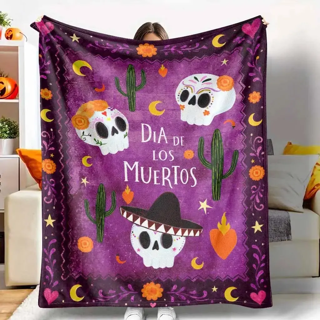 Day of the Dead Flannel Blanket Sugar Skull and Cactus Print Soft Cozy Warm Decorative Throw Blanket for Sofa Bed Living Room Halloween Party Festival Gift Home Decor