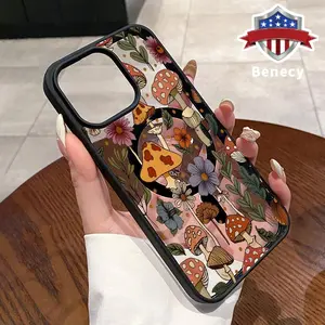 Magnetic Case for iPhone 16 Pro Max 15 Plus 14 13 12 11 XR E XS Forest Mushroom Acrylic Back Matte TPU Edges Anti-Fall Ultra Thin Phone Cover Shell for Girl