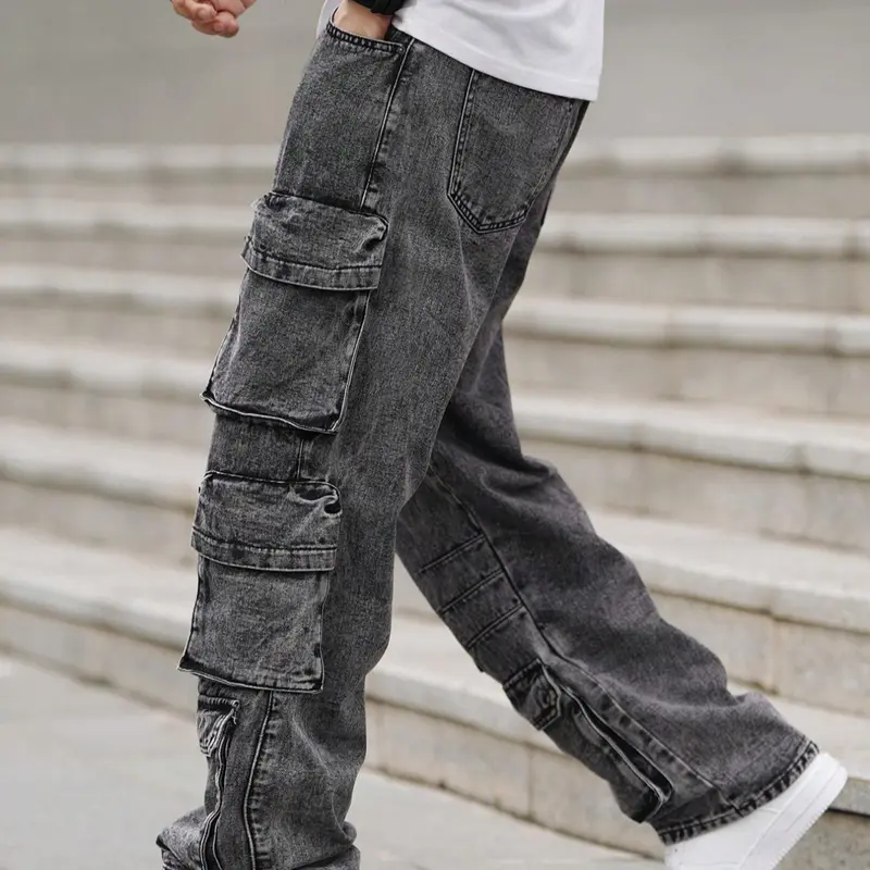 Men's Street Style Washed Wide Leg Cargo Jeans, Loose Fit Street Fashion Casual Comfy Multi-pocket Denim Pants for Daily Wear, Men's Trousers for All Seasons, Streetwear, Denim Clothing, Loose Denim Pockets, Relaxed Fit Jeans