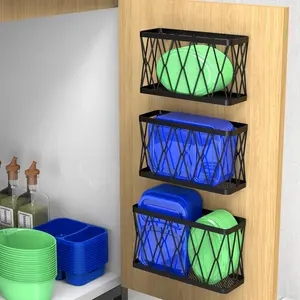 3 Pack Adhesive Cabinet Organizer - Wall Mounted Slim Space Saving Black Stainless Steel Basket, Pantry Door Organizer Bin Holder for Tupperware Lid, Kitchen Wall & Under Sink