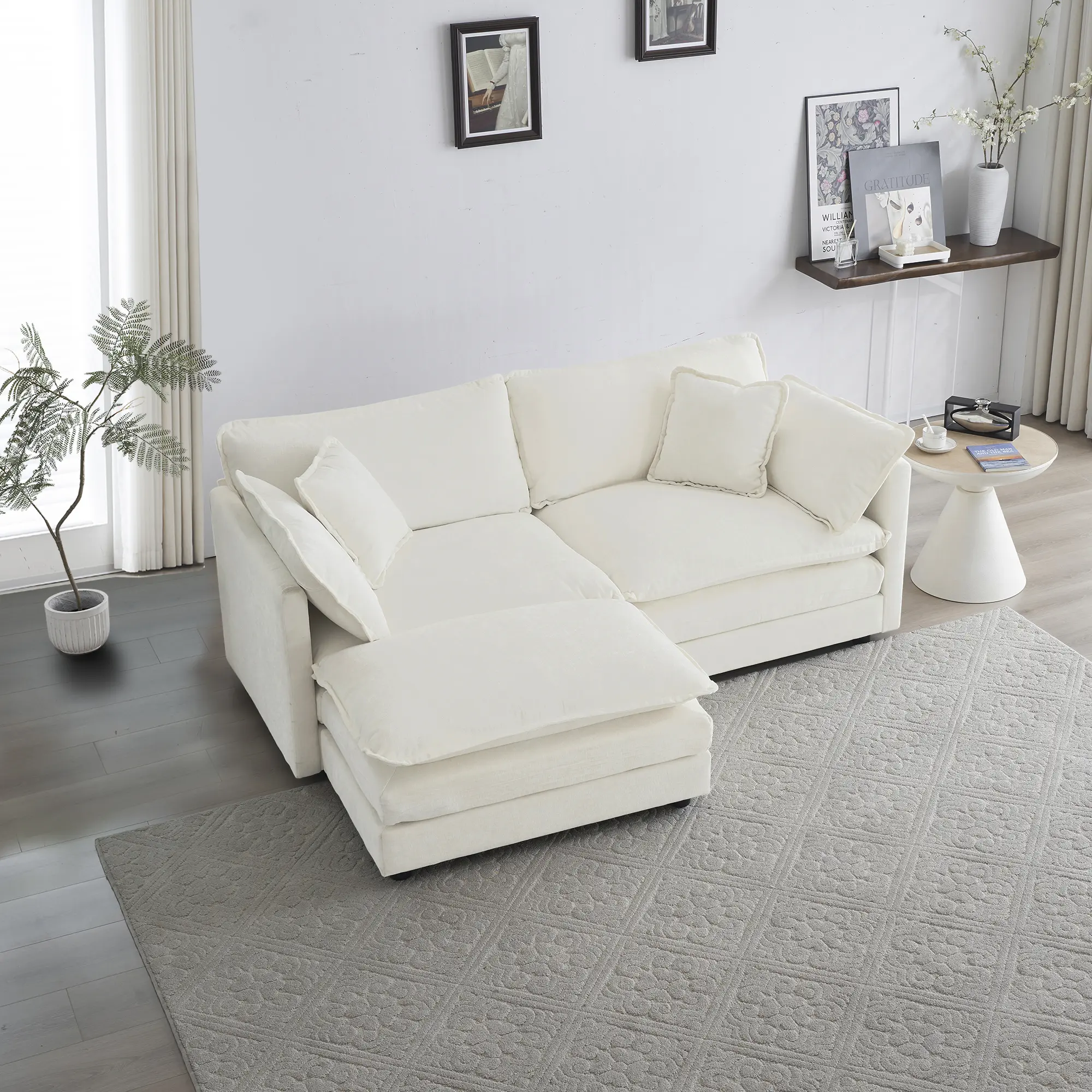 Chenille Two-Seater Sofa with 1 Footrest, 2 Seater L-Shaped Sectional with Ottoman,Loveseat with Ottoman for Small Living Space,White Chenille modular