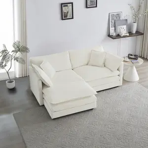 Chenille Two-Seater Sofa with 1 Footrest, 2 Seater L-Shaped Sectional with Ottoman,Loveseat with Ottoman for Small Living Space,White Chenille modular