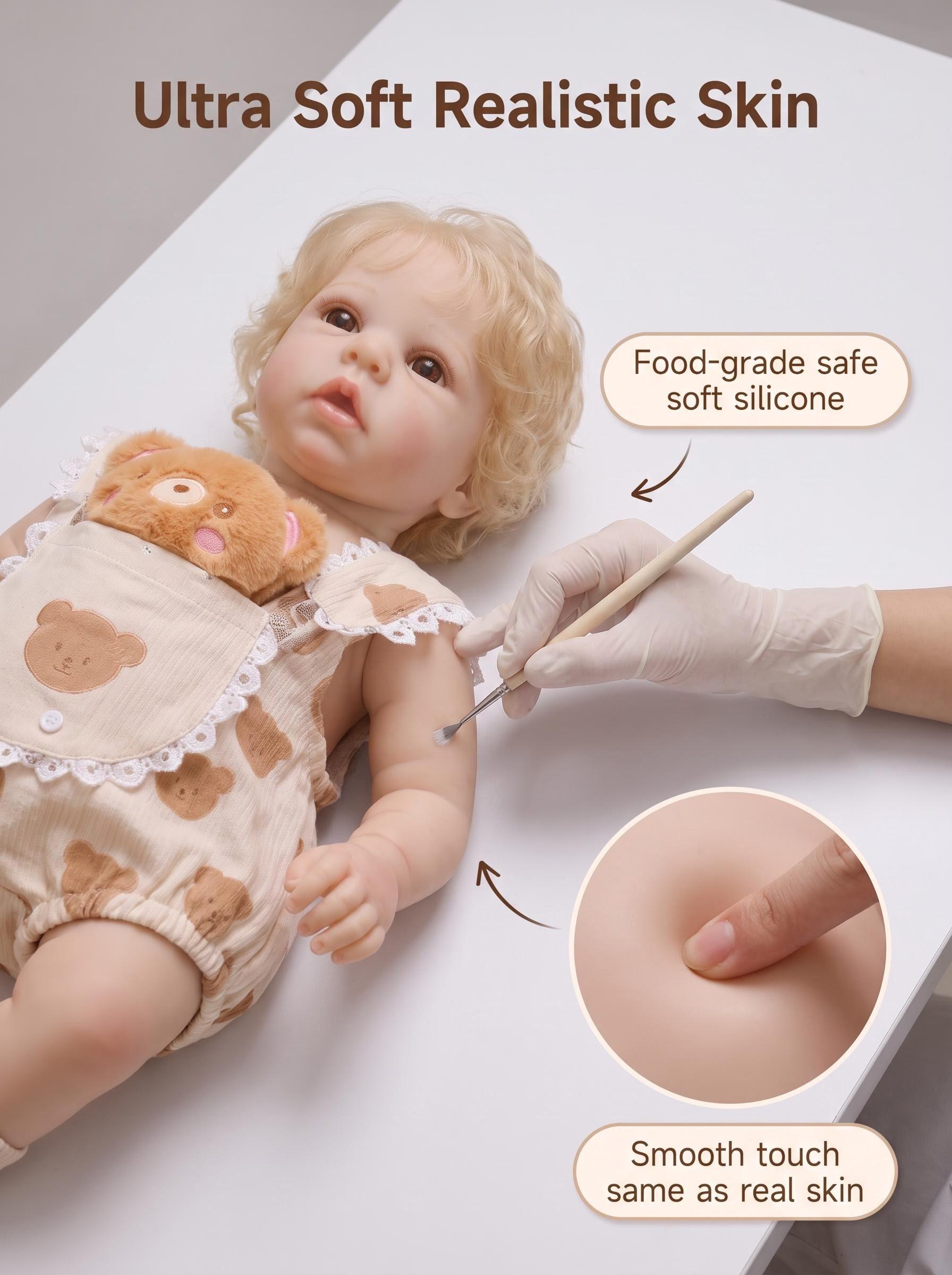 18 Inch Full Body Vinyl Open Eyes Reborn Baby Doll, Khaki Sleeveless Bear Pattern Romper with Lace Trim, Bear Ear Headband & Bear Socks, Reborn Doll CPC Certified Realistic Reborn Baby Doll, Christmas Gift,  Handmade, Collectible, Toy, Gift for Girls