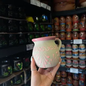 Pink Cielito Lindo Ceramic Jarrito Coffee Mugs - Reusable Clay Design, Ideal for Coffee Drinking - Reuse, Drinkware, Washable Traditional Ceramic, Handmade & Decorated, Lead Free, Keeps Hot/Warm, 12oz Capacity - Tumbler Mexican mug ceramic mug