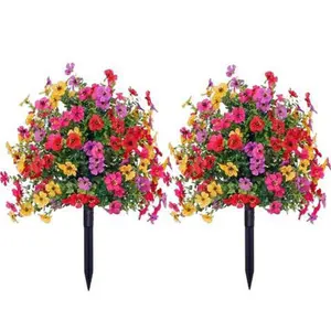 2-Pack Artificial Flowers for Outdoor Indoor Garden Home Decoration, Plastic Faux Flowers, Faux Flower Daisy with Eucalyptus Leaves, Fake Plants Greenery Boxwood for Porch & Patio