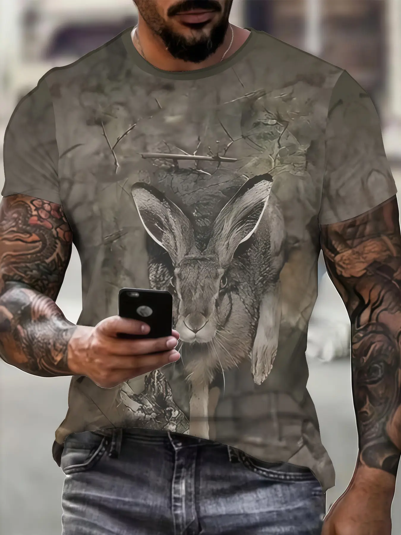 Men's 3D Rabbit Print T-Shirt - Full-Body Short Sleeve Round Neck Casual Top with Rabbit Pattern, Machine Washable Suitable for & Casual Attire, Non- Comfortable Shirt for Lifestyles