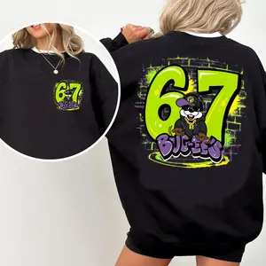 Buc-ees 67 Graffiti Sweatshirt - Unisex Crewneck Pullover - Comfy Long Sleeve Top with Cartoon Beaver Mascot - Road Trip Fan Apparel Gift